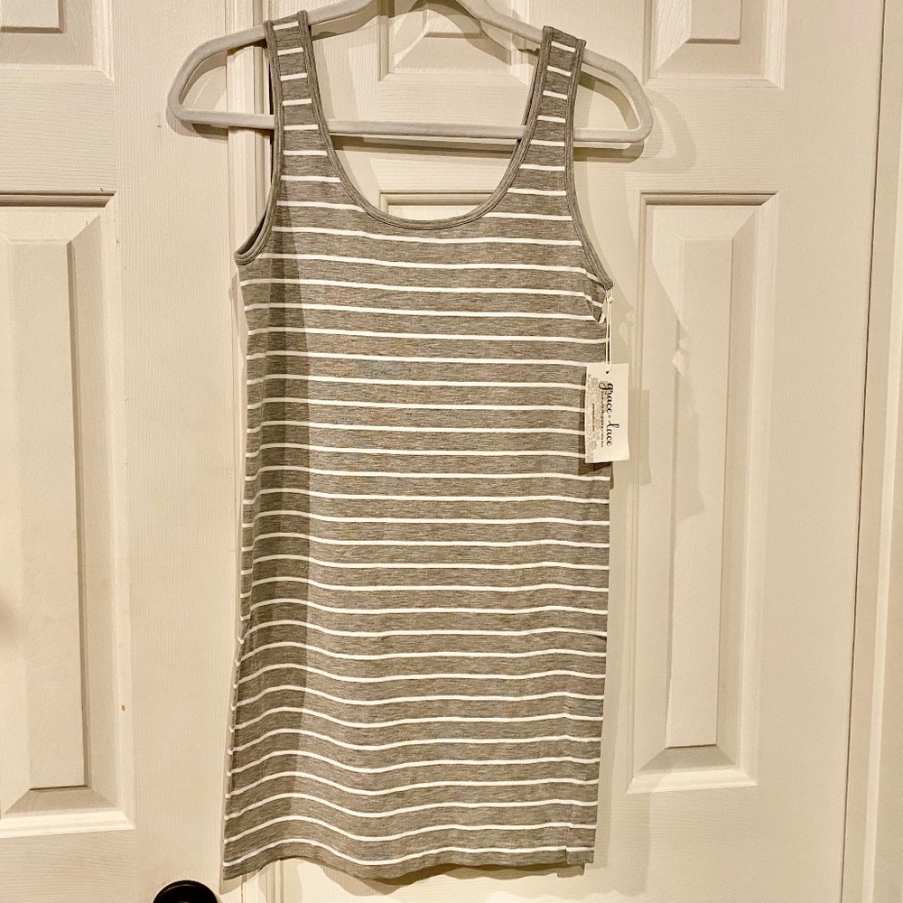 New Grace & Lace Perfect Fit Tank One Size Classic Heather Gray & White Stripes